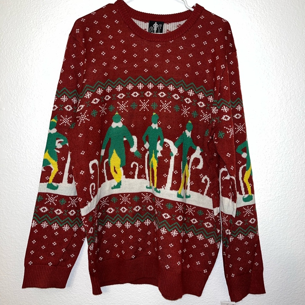 NWT Elf Christmas Sweater Red Graphic Holiday Knit Pullover Size L